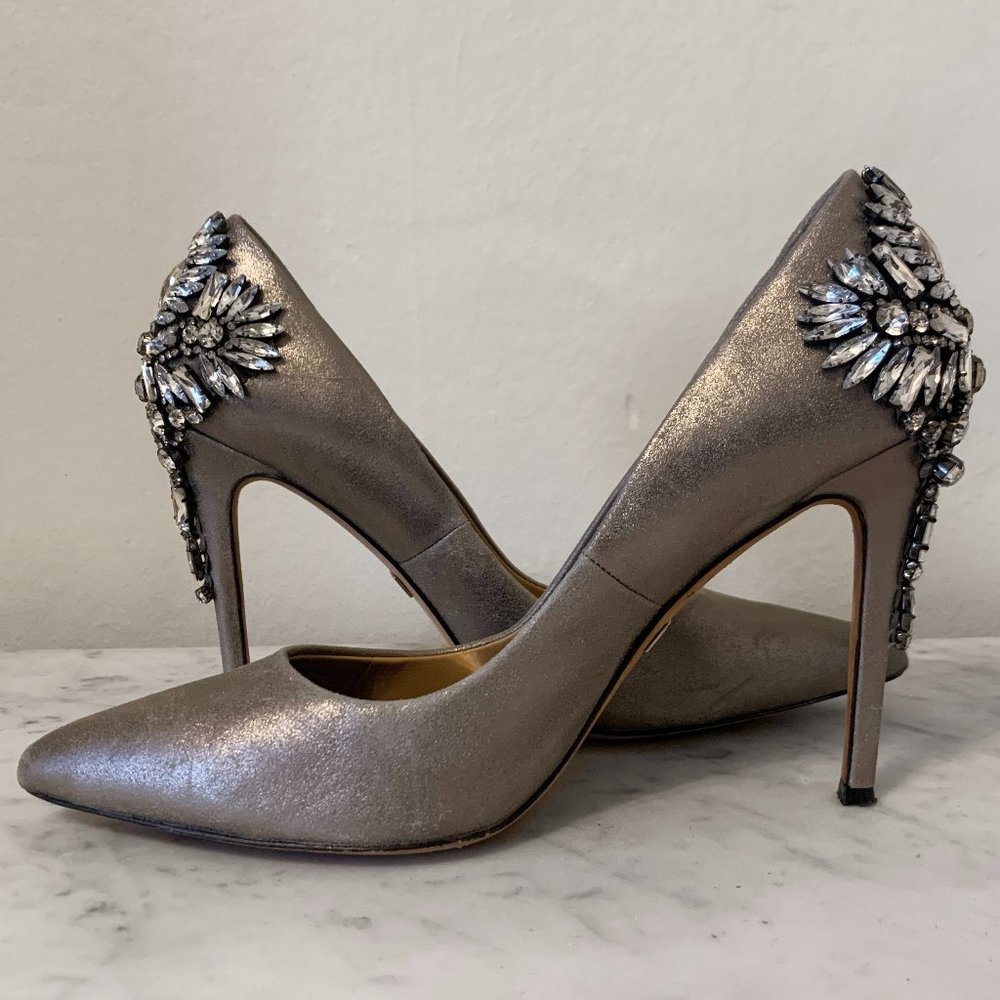 Badgley Mischka Silver Pointed Toe Pump with Embellished Heel Detail